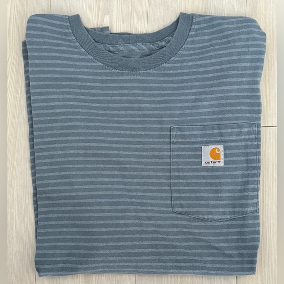 Carhartt Other - Carhartt  Heavyweight Short Sleeve Pocket Shop T Shirt Blue Stripe Size L